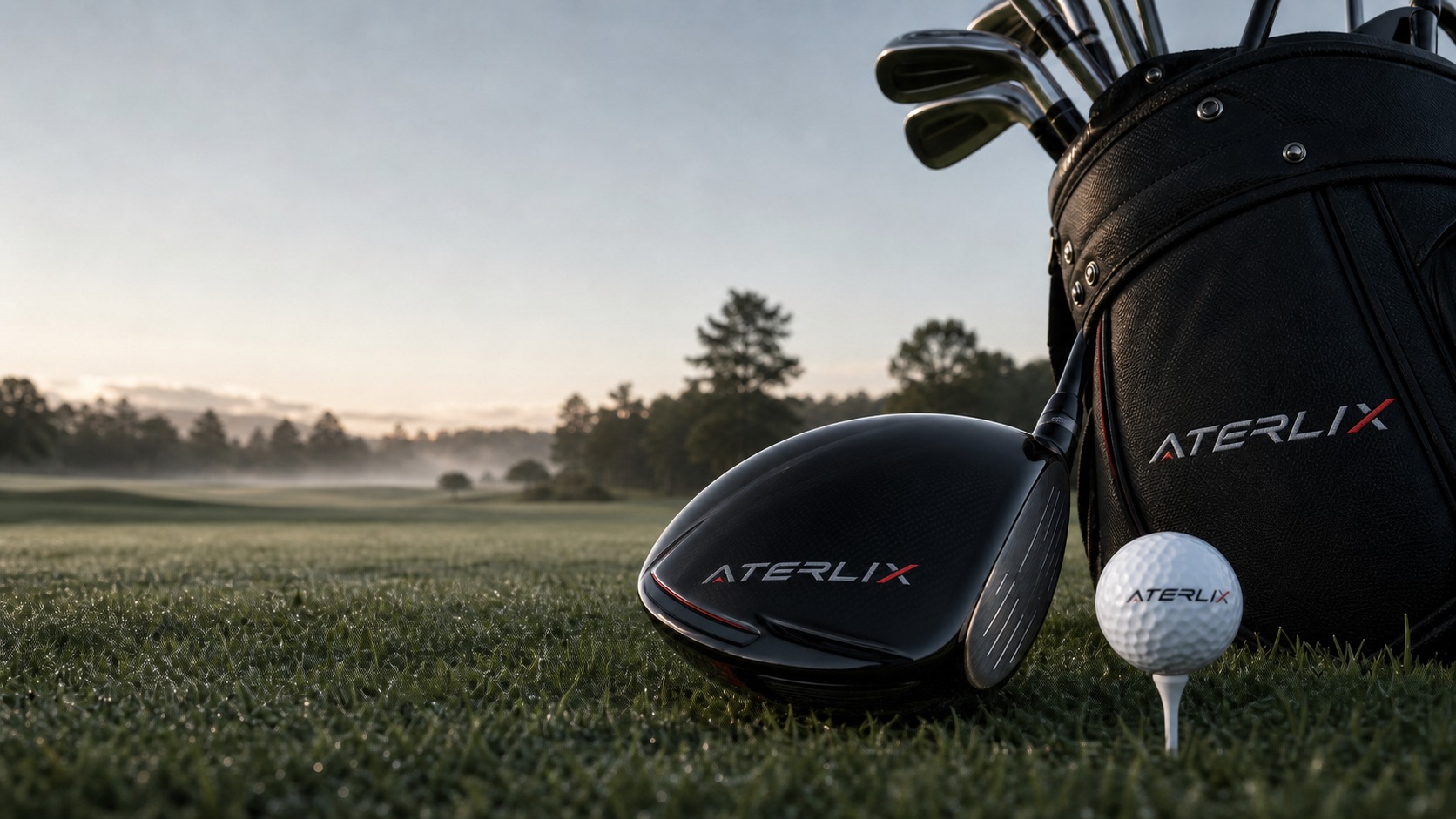 ATERLIX golf equipment positioned beside the tee at dawn
